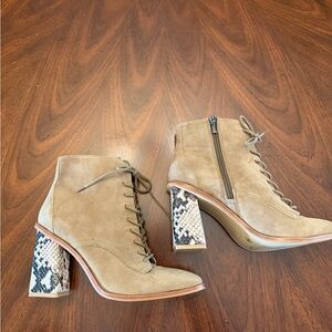 Vince Camuto Dreveri Tan Suede Lace-Up Ankle Boots with Snake-Print Block Heel